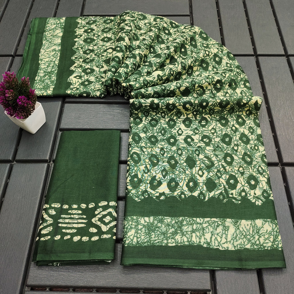 RASMALI BATIK PURE MULMUL COTTON BATIK PRINTD GREEN SAREE