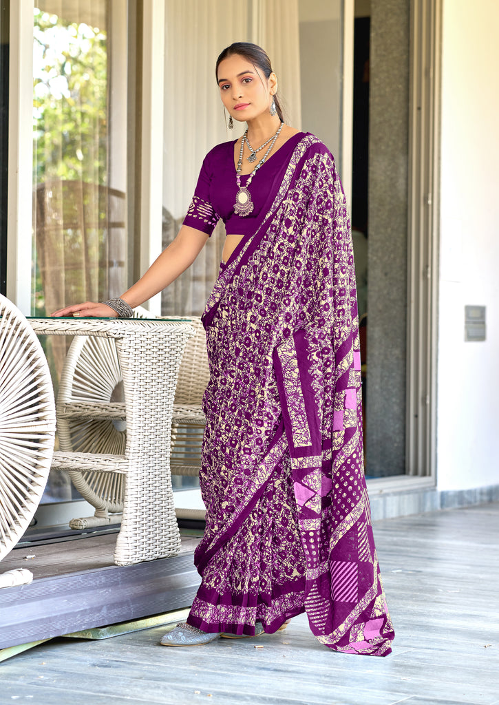 RASMALI BATIK PURE MULMUL COTTON BATIK PRINTD PURPLE SAREE