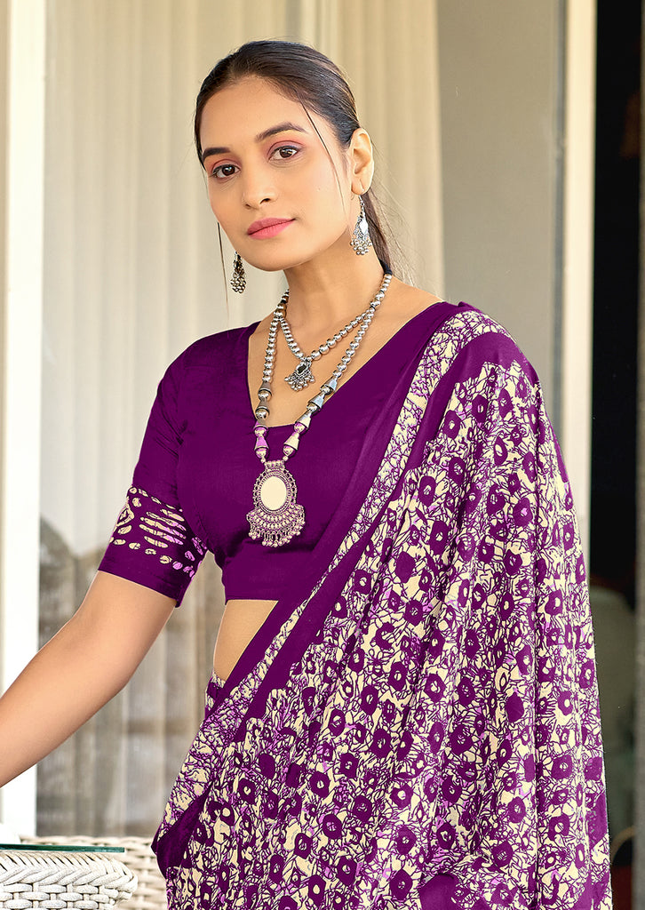 RASMALI BATIK PURE MULMUL COTTON BATIK PRINTD PURPLE SAREE