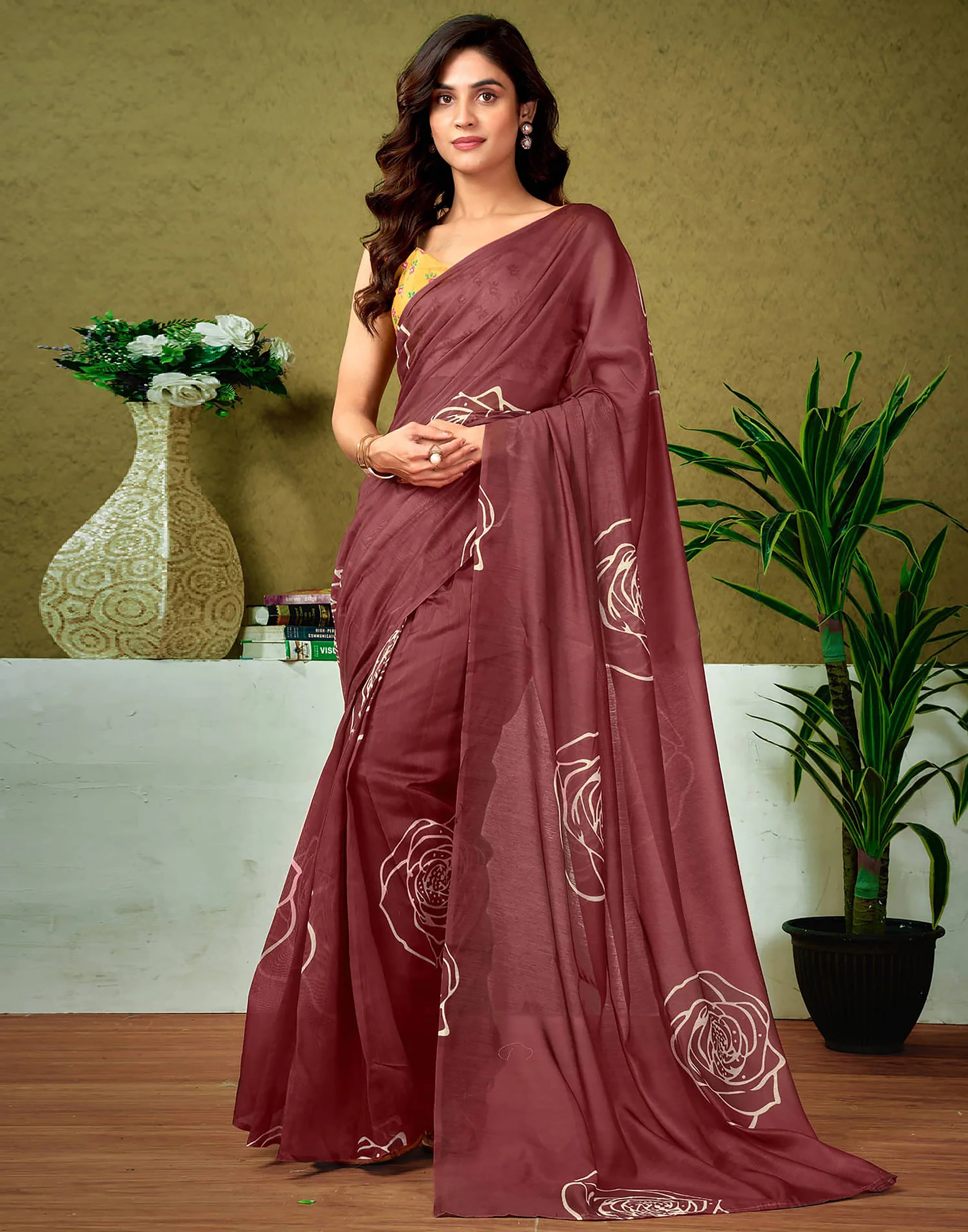 ROSE SOFT PURE COTTON BAGRU ROSE FLOWER PRINT MAROON SAREE