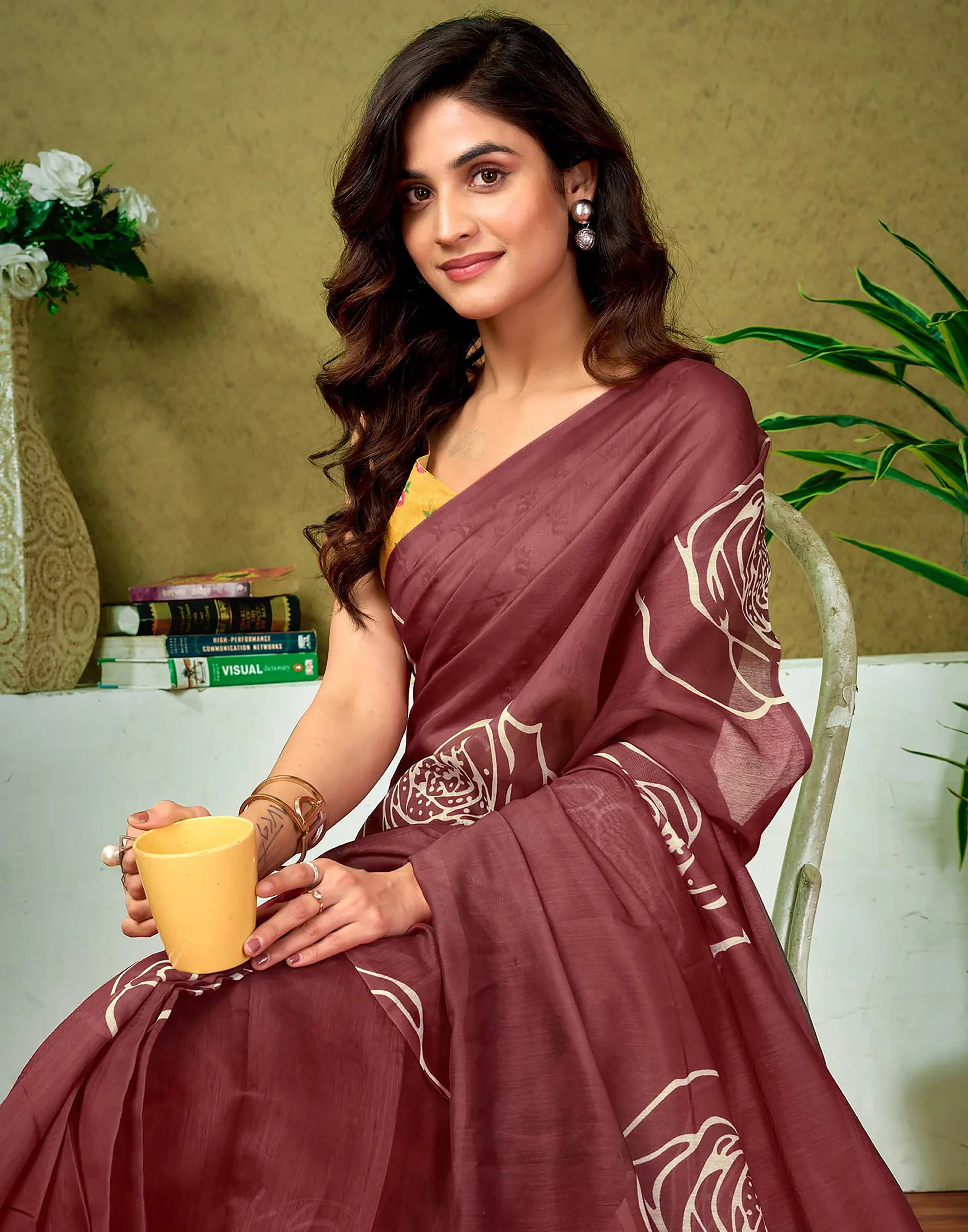 ROSE SOFT PURE COTTON BAGRU ROSE FLOWER PRINT MAROON SAREE