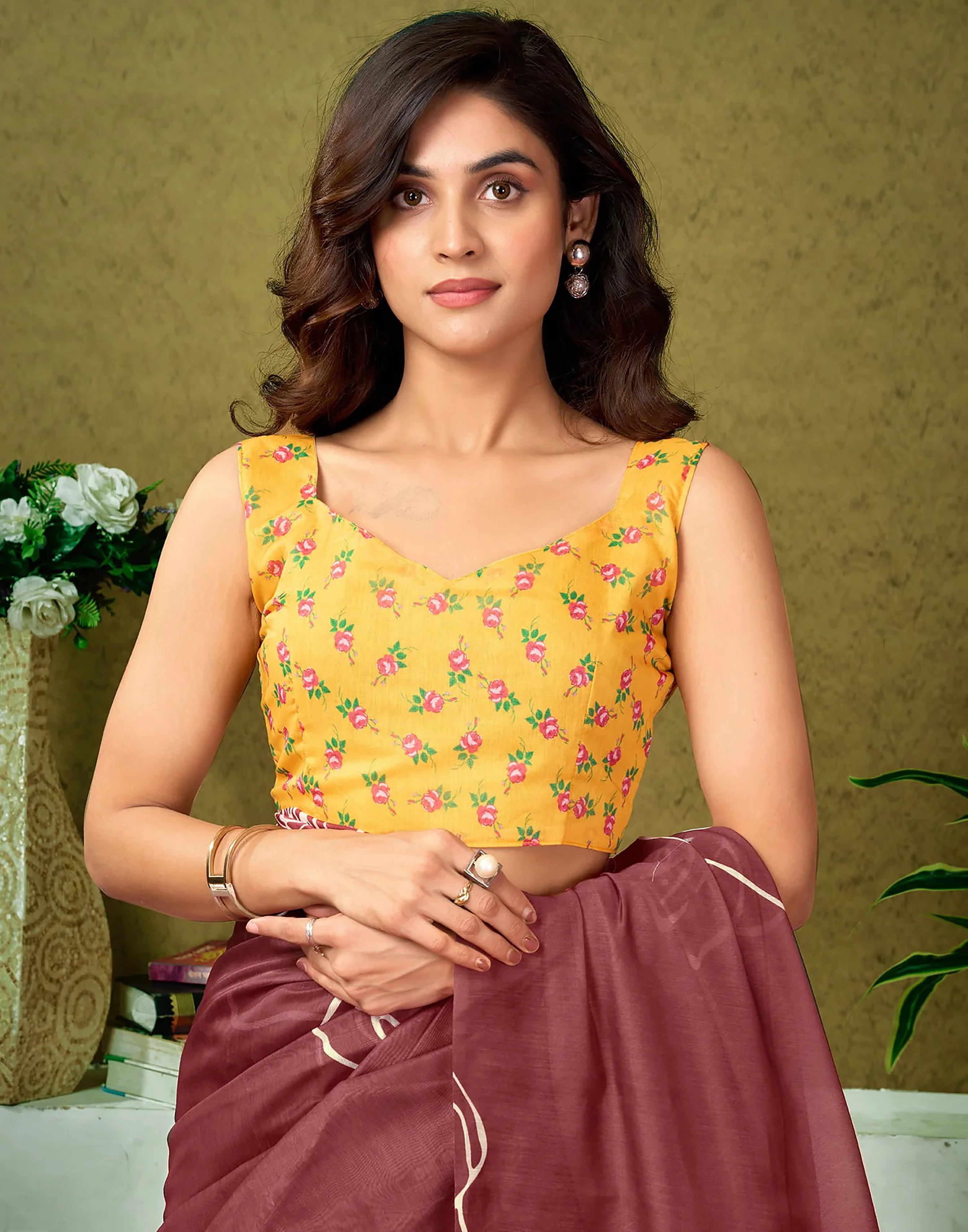 ROSE SOFT PURE COTTON BAGRU ROSE FLOWER PRINT MAROON SAREE