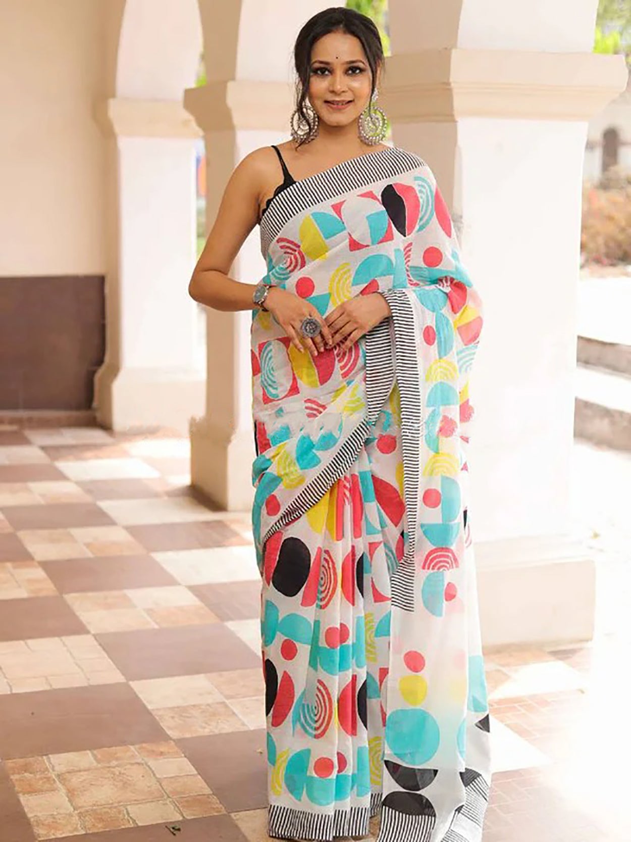 RUDRAKSH SOFT PURE COTTON WHITE AND MULTI COLOUR  BLOCK PRINT SAREES WITH BLOUSE PICE