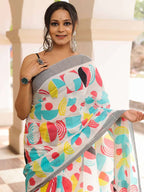 RUDRAKSH SOFT PURE COTTON WHITE AND MULTI COLOUR  BLOCK PRINT SAREES WITH BLOUSE PICE