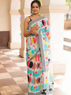 RUDRAKSH SOFT PURE COTTON WHITE AND MULTI COLOUR  BLOCK PRINT SAREES WITH BLOUSE PICE