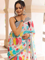 RUDRAKSH SOFT PURE COTTON WHITE AND MULTI COLOUR  BLOCK PRINT SAREES WITH BLOUSE PICE
