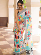 RUDRAKSH SOFT PURE COTTON WHITE AND MULTI COLOUR  BLOCK PRINT SAREES WITH BLOUSE PICE