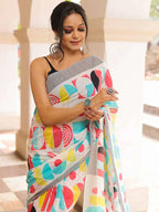 RUDRAKSH SOFT PURE COTTON WHITE AND MULTI COLOUR  BLOCK PRINT SAREES WITH BLOUSE PICE