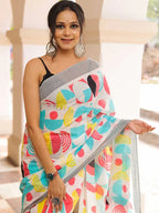 RUDRAKSH SOFT PURE COTTON WHITE AND MULTI COLOUR  BLOCK PRINT SAREES WITH BLOUSE PICE