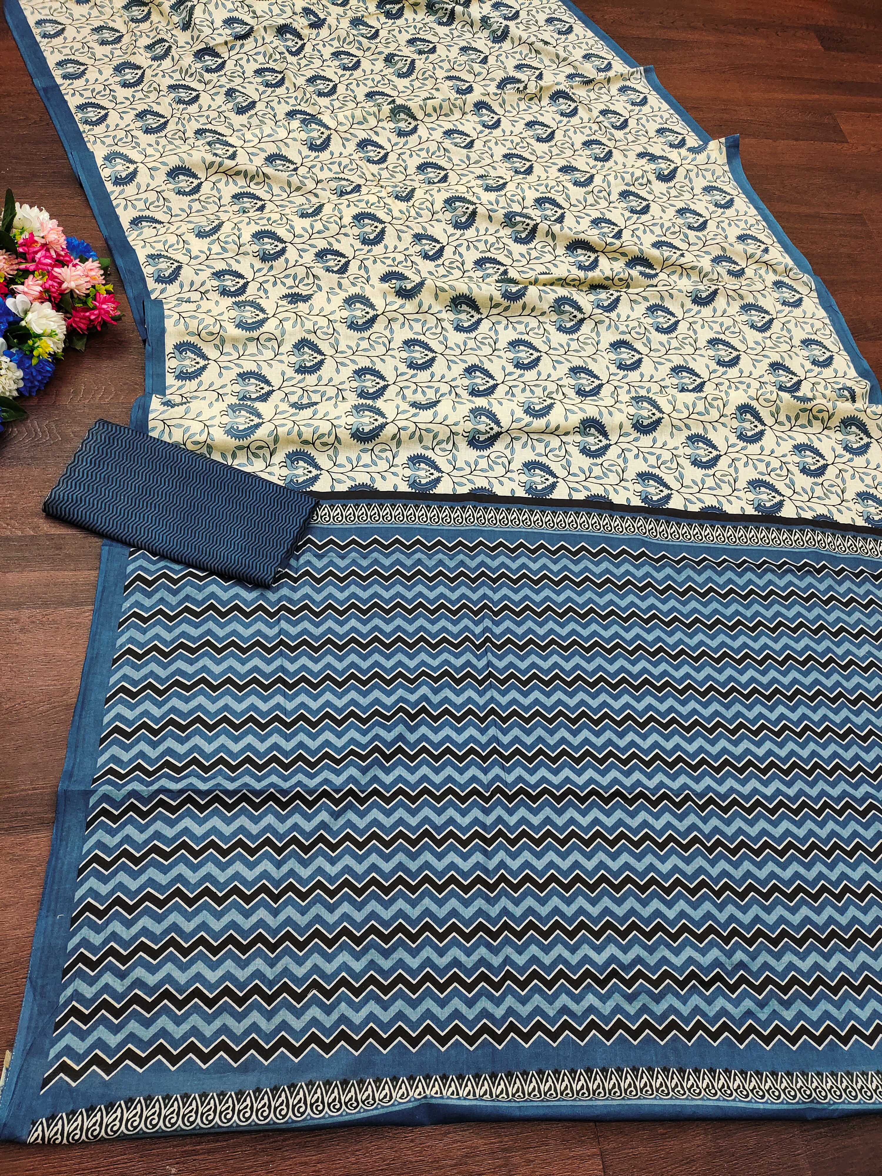 RUTBA PURE MULMUL COTTON BAGRU PRINTED BLUE SAREE