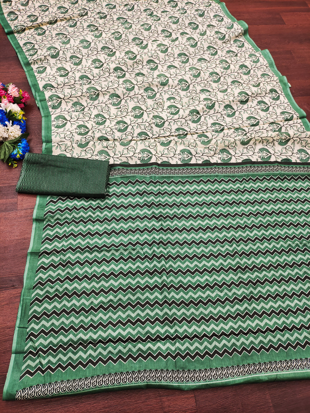 RUTBA PURE MULMUL COTTON BAGRU PRINTED GREEN SAREE