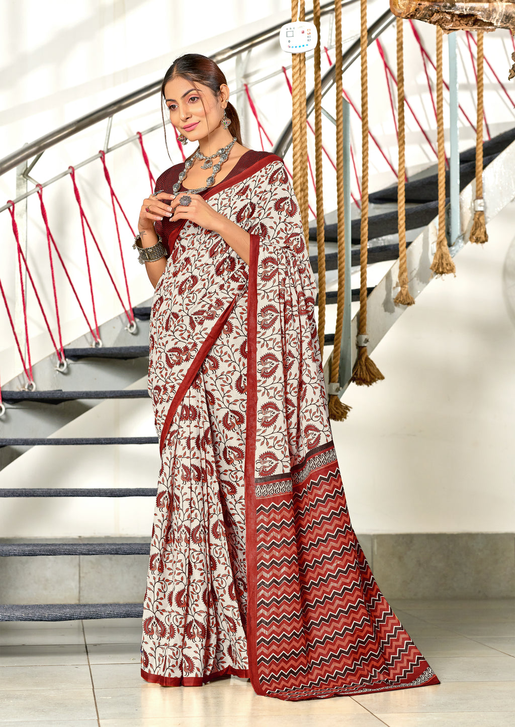 RUTBA PURE MULMUL COTTON BAGRU PRINTED MAROON SAREE