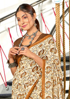 RUTBA PURE MULMUL COTTON BAGRU PRINTED MUSTARD SAREE