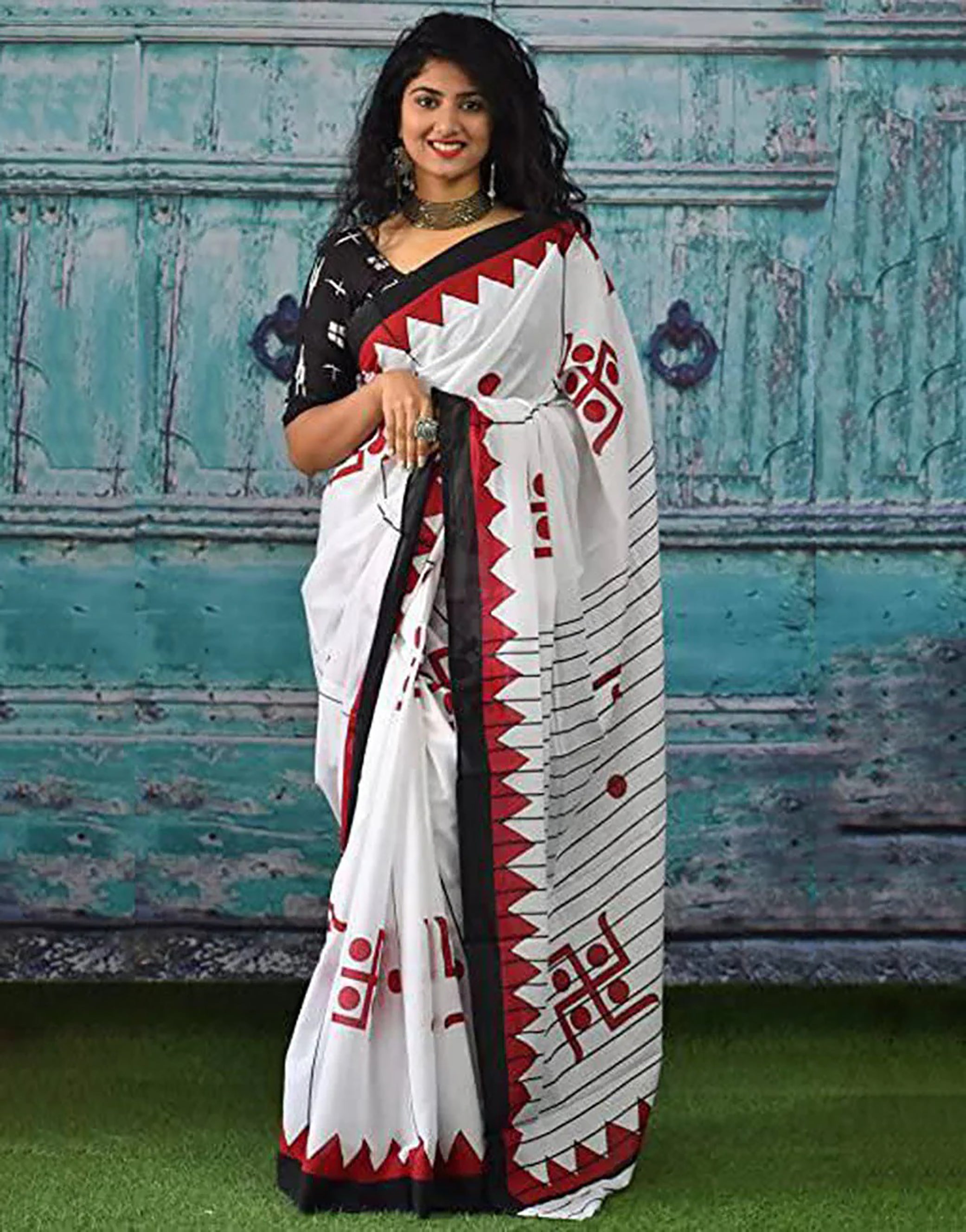 SAATHIYA BAGRU BLOCK PRINT DURGA POOJA SPECIAL SOFT MULMUL COTTON WHITE AND RED SAREE