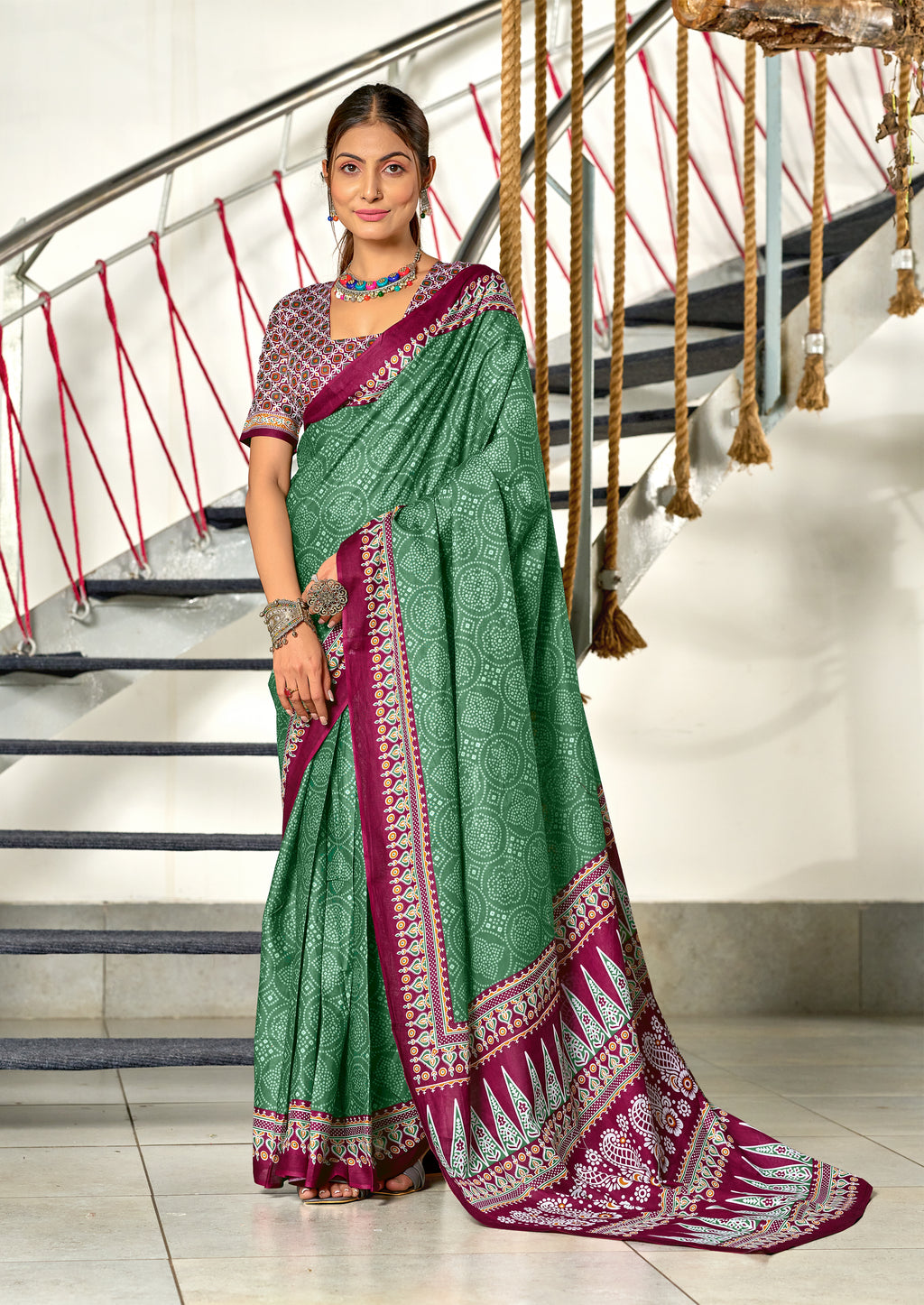 SANMATHI PURE MULMUL COTTON BANDHANI PRINTD BOTTLE GREEN SAREE
