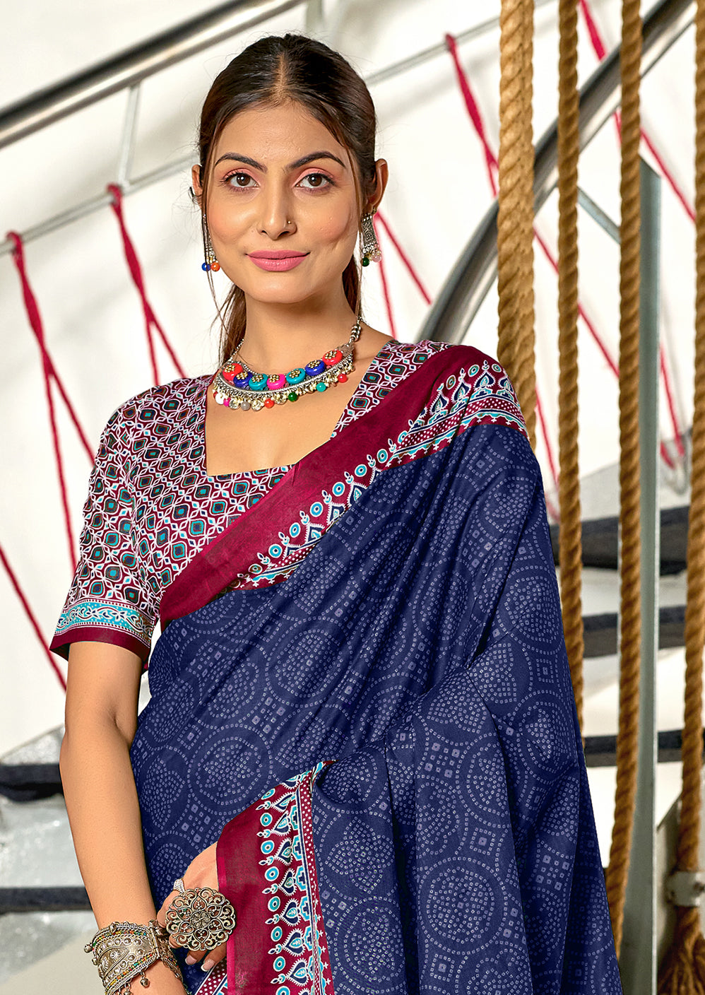 SANMATHI PURE MULMUL COTTON BANDHANI PRINTD NAVY BLUE SAREE