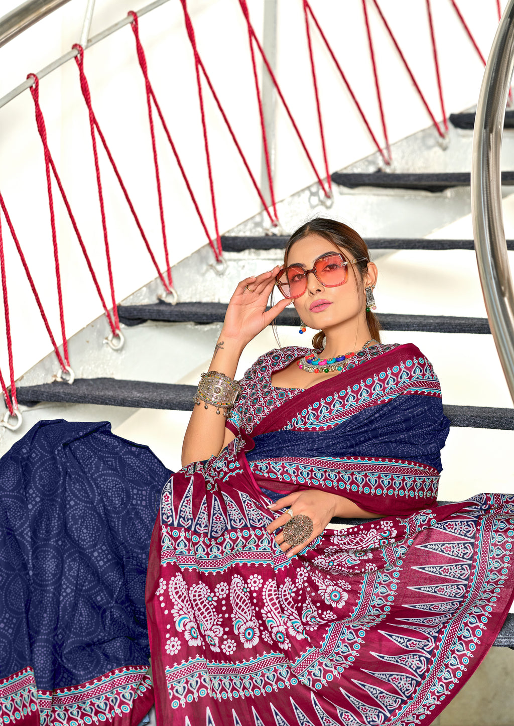 SANMATHI PURE MULMUL COTTON BANDHANI PRINTD NAVY BLUE SAREE