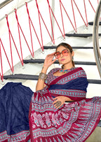 SANMATHI PURE MULMUL COTTON BANDHANI PRINTD NAVY BLUE SAREE