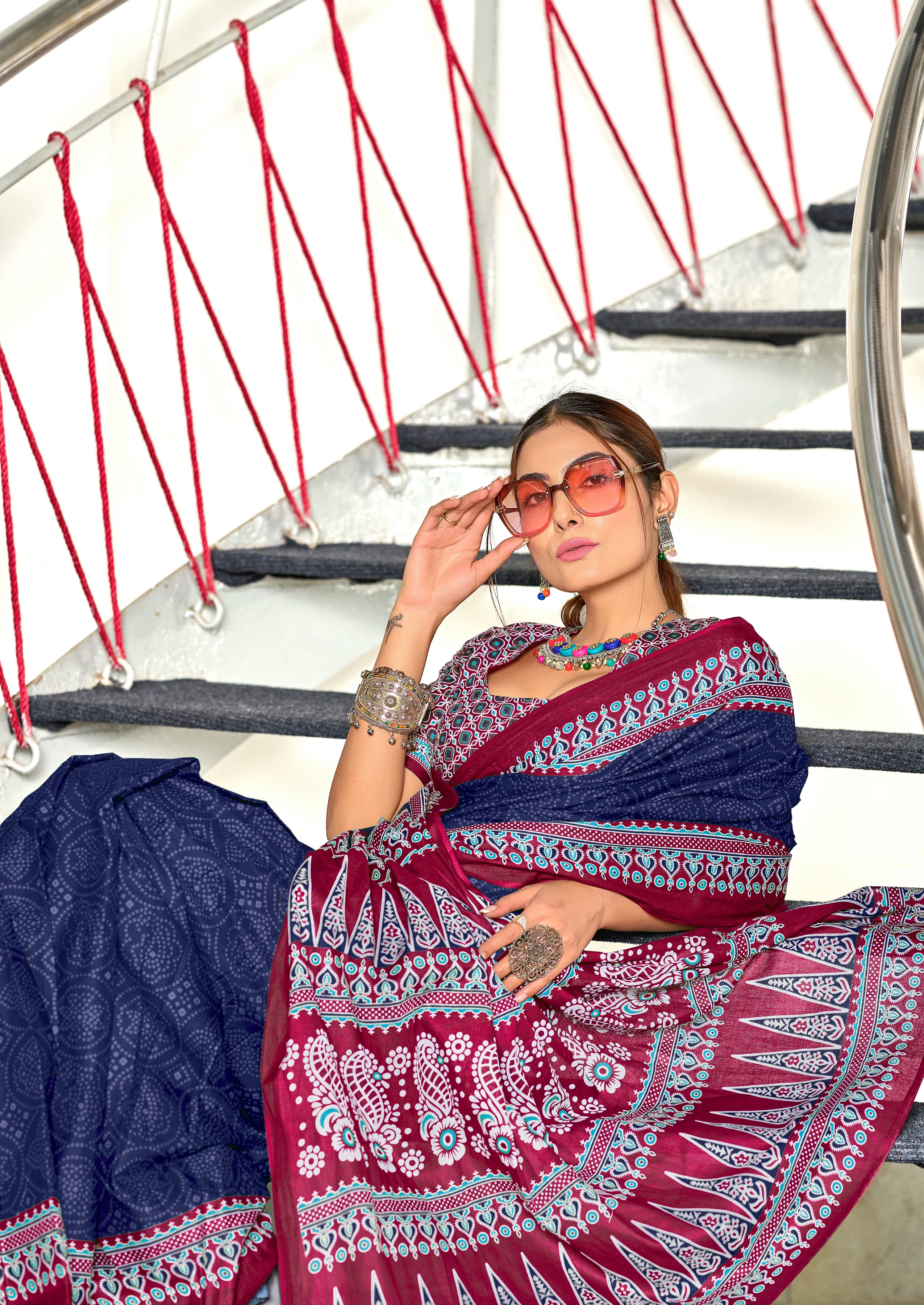 SANMATHI PURE MULMUL COTTON BANDHANI PRINTD NAVY BLUE SAREE