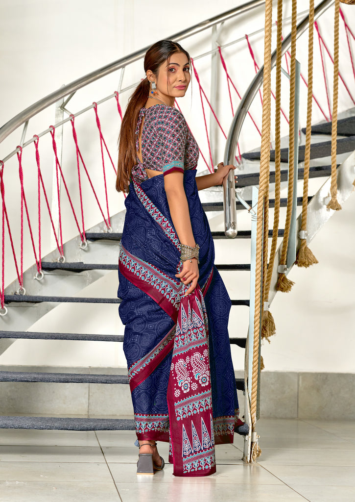 SANMATHI PURE MULMUL COTTON BANDHANI PRINTD NAVY BLUE SAREE