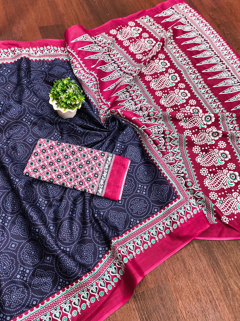 SANMATHI PURE MULMUL COTTON BANDHANI PRINTD NAVY BLUE SAREE