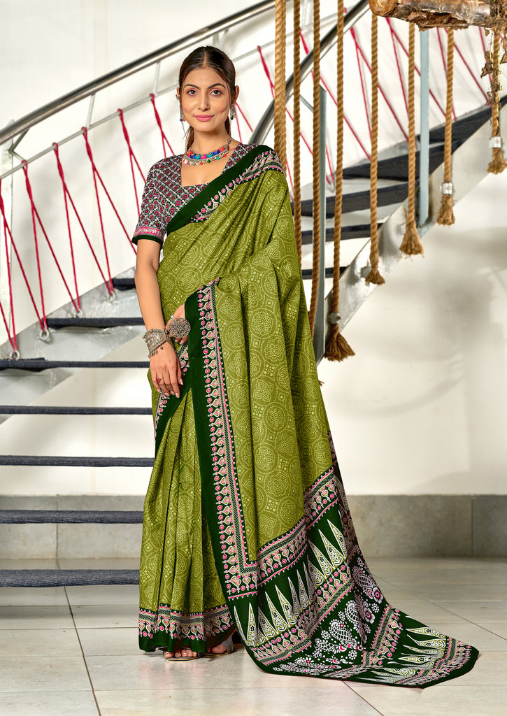 SANMATHI PURE MULMUL COTTON BANDHANI PRINTD OLIVE GREEN SAREE