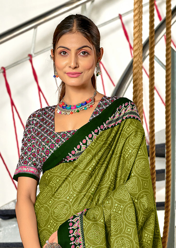 SANMATHI PURE MULMUL COTTON BANDHANI PRINTD OLIVE GREEN SAREE