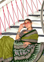 SANMATHI PURE MULMUL COTTON BANDHANI PRINTD OLIVE GREEN SAREE