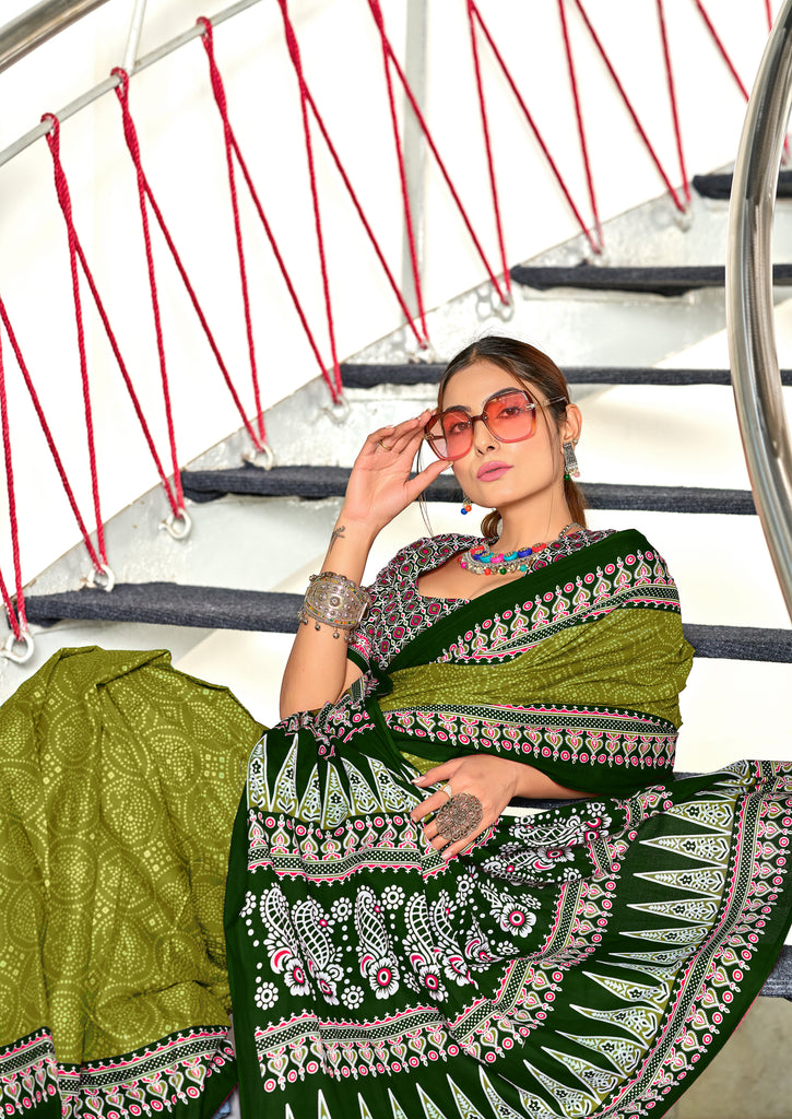 SANMATHI PURE MULMUL COTTON BANDHANI PRINTD OLIVE GREEN SAREE