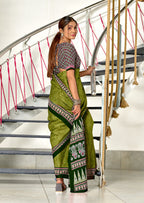 SANMATHI PURE MULMUL COTTON BANDHANI PRINTD OLIVE GREEN SAREE