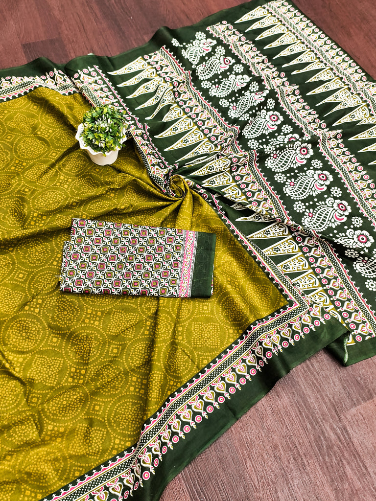 SANMATHI PURE MULMUL COTTON BANDHANI PRINTD OLIVE GREEN SAREE