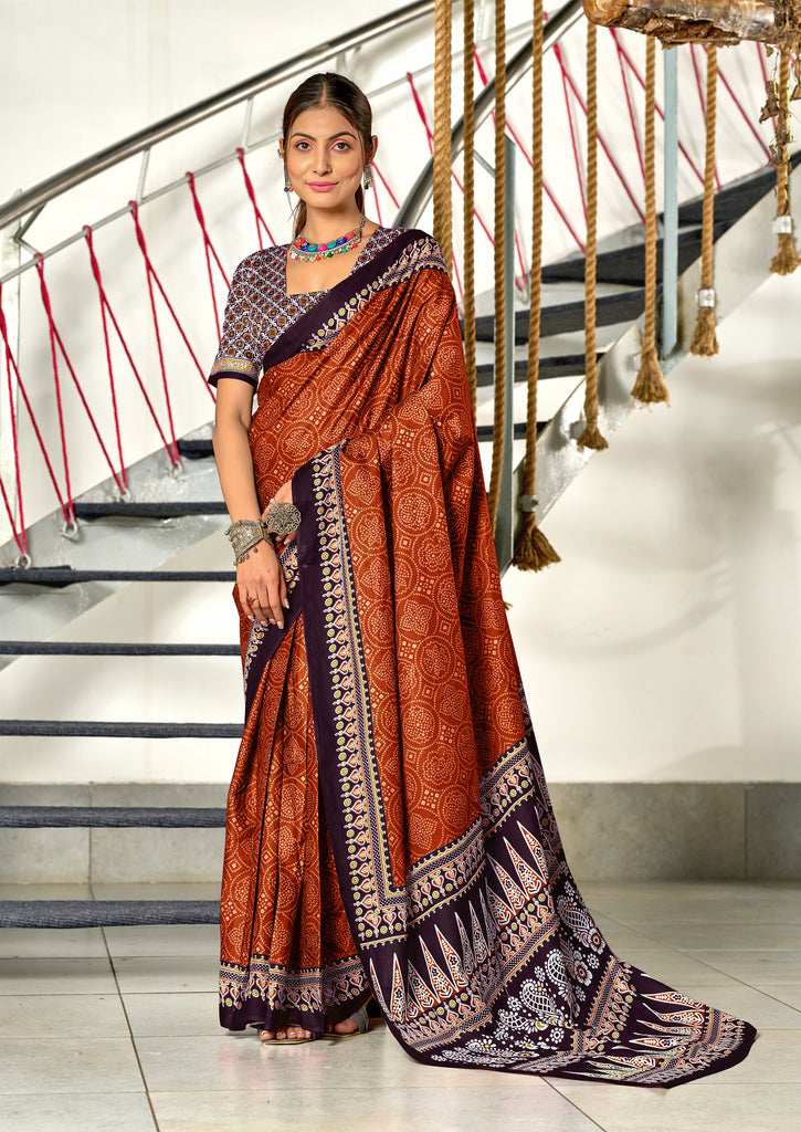 SANMATHI PURE MULMUL COTTON BANDHANI PRINTD RUST ORANGE SAREE