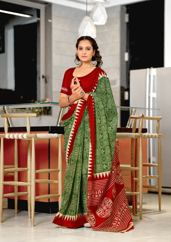 SANSKAR PURE MULMUL COTTON SANSKRIT MANTRAS BLOCK PRINTED GREEN SAREE