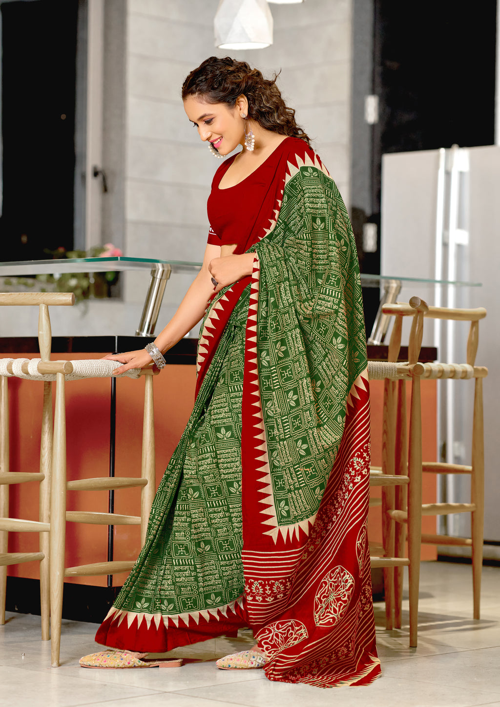 SANSKAR PURE MULMUL COTTON SANSKRIT MANTRAS BLOCK PRINTED GREEN SAREE