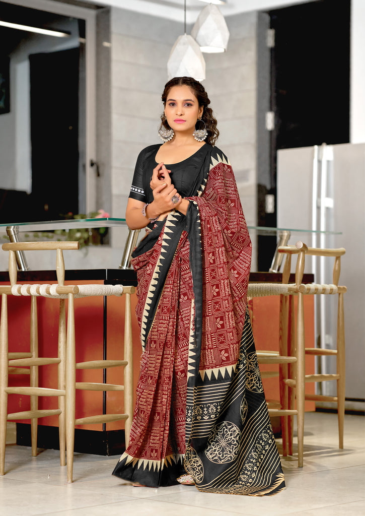 SANSKAR PURE MULMUL COTTON SANSKRIT MANTRAS BLOCK PRINTED MAROON SAREE