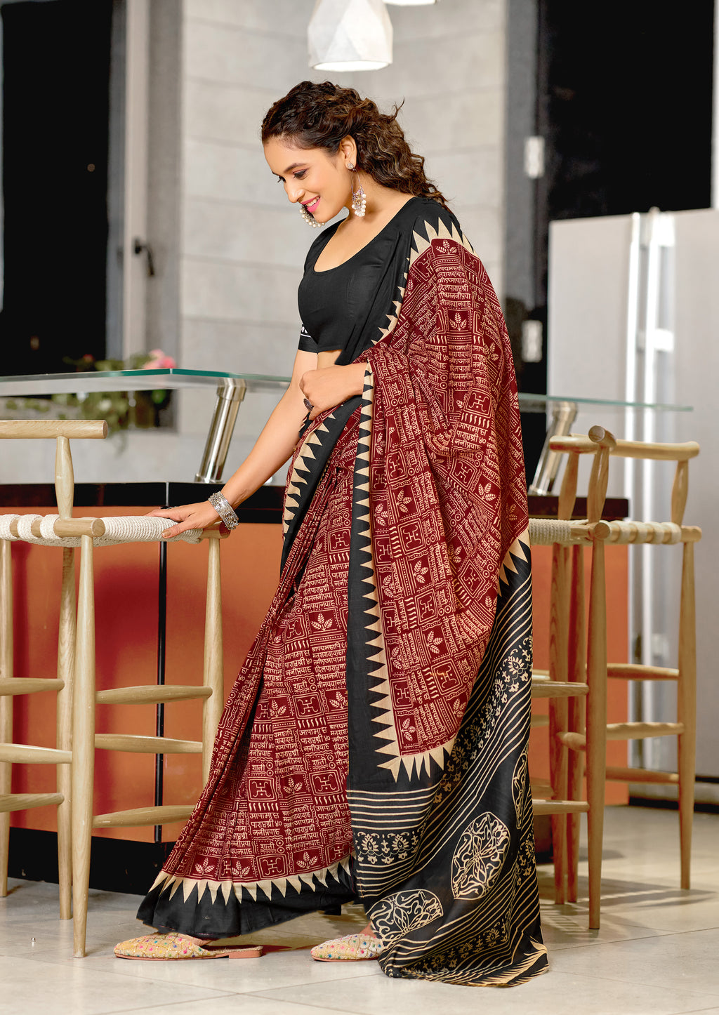 SANSKAR PURE MULMUL COTTON SANSKRIT MANTRAS BLOCK PRINTED MAROON SAREE