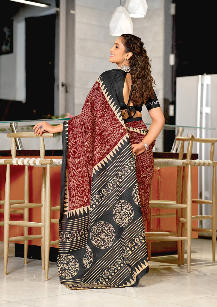 SANSKAR PURE MULMUL COTTON SANSKRIT MANTRAS BLOCK PRINTED MAROON SAREE