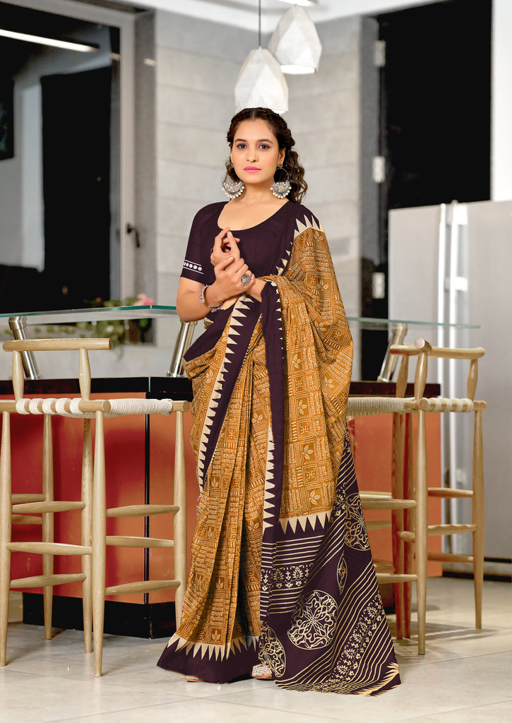 SANSKAR PURE MULMUL COTTON SANSKRIT MANTRAS BLOCK PRINTED MUSTARD SAREE