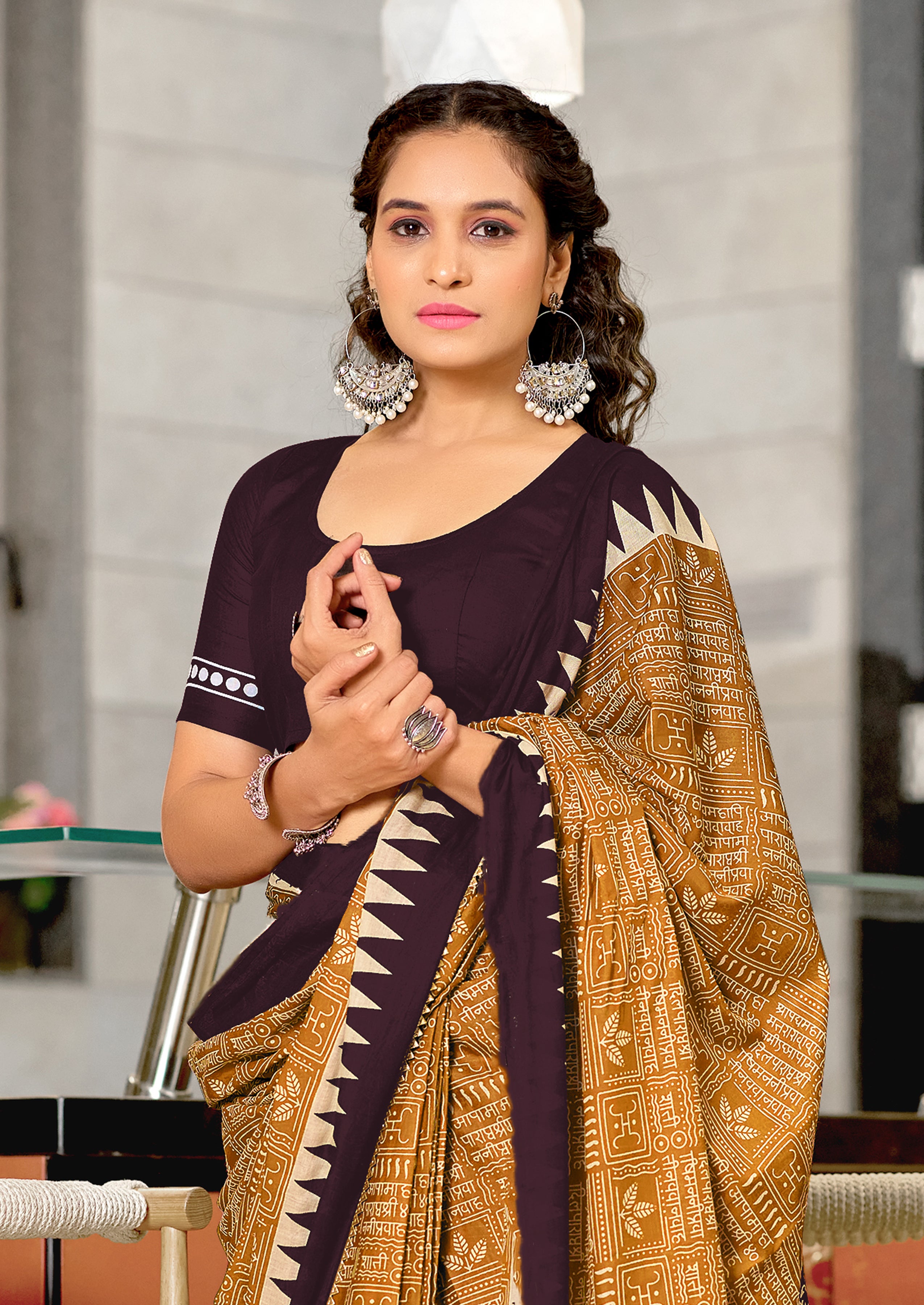 SANSKAR PURE MULMUL COTTON SANSKRIT MANTRAS BLOCK PRINTED MUSTARD SAREE