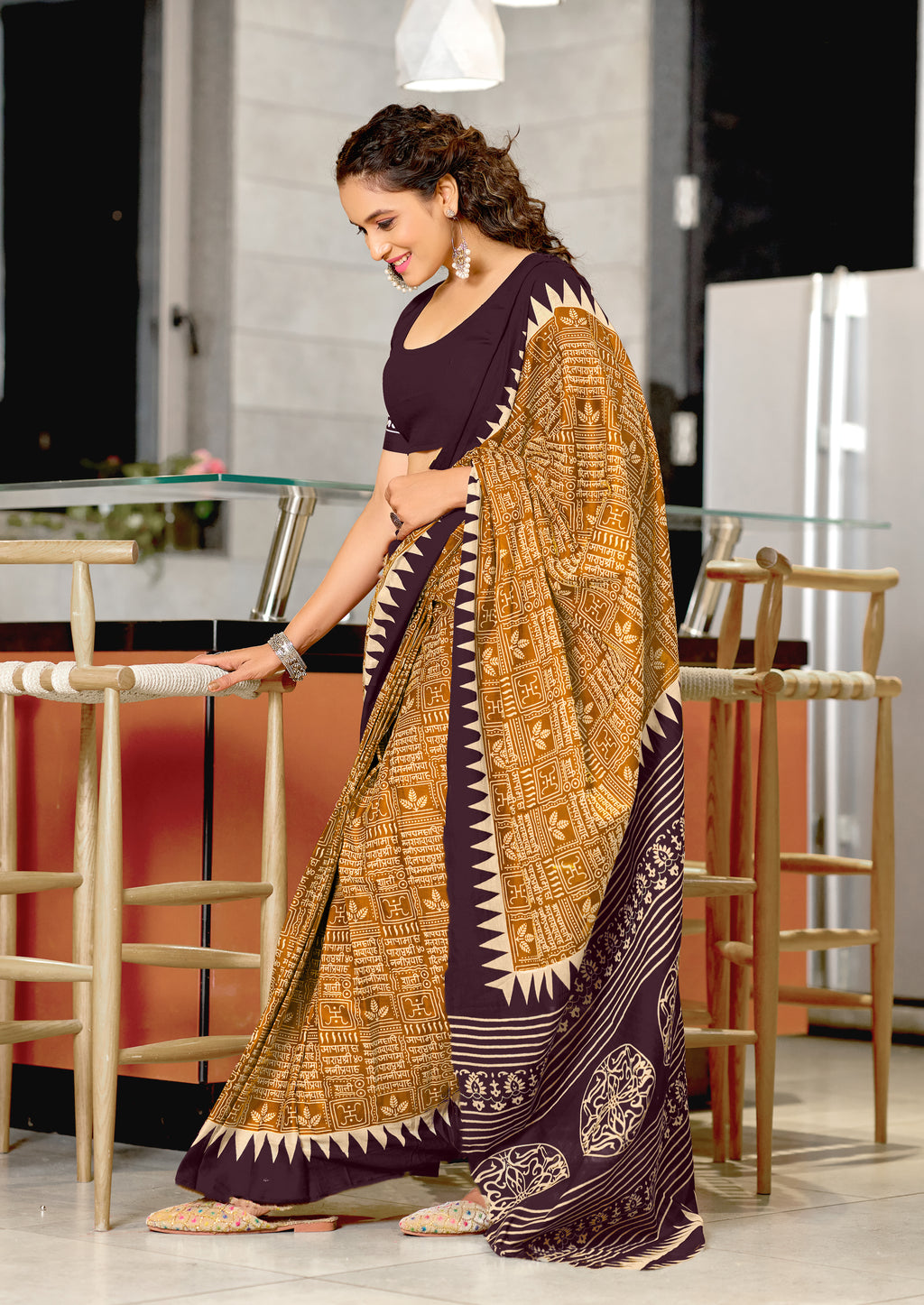 SANSKAR PURE MULMUL COTTON SANSKRIT MANTRAS BLOCK PRINTED MUSTARD SAREE