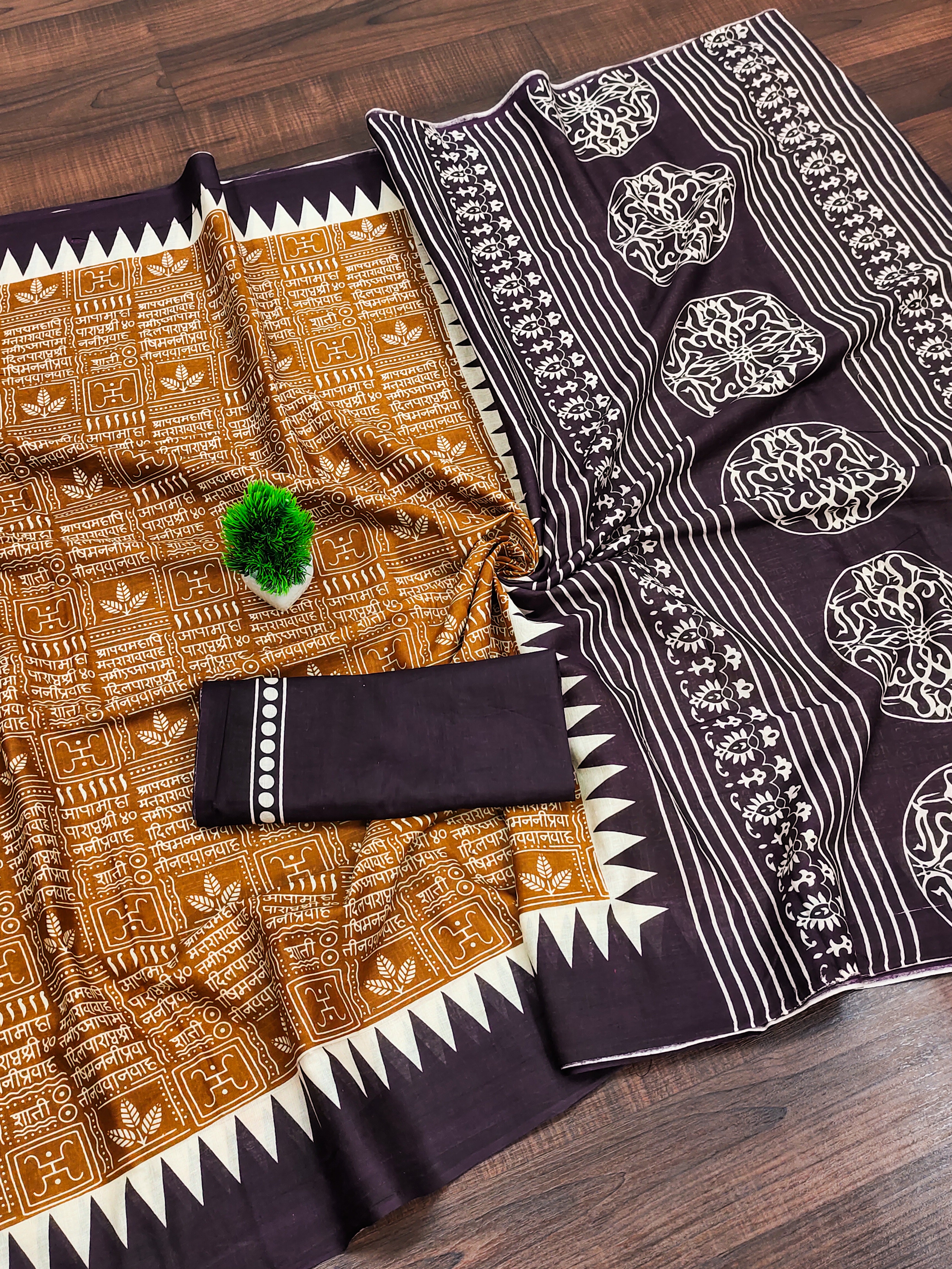 SANSKAR PURE MULMUL COTTON SANSKRIT MANTRAS BLOCK PRINTED MUSTARD SAREE