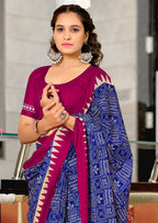 SANSKAR PURE MULMUL COTTON SANSKRIT MANTRAS BLOCK PRINTED ROYAL BLUE SAREE