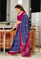 SANSKAR PURE MULMUL COTTON SANSKRIT MANTRAS BLOCK PRINTED ROYAL BLUE SAREE