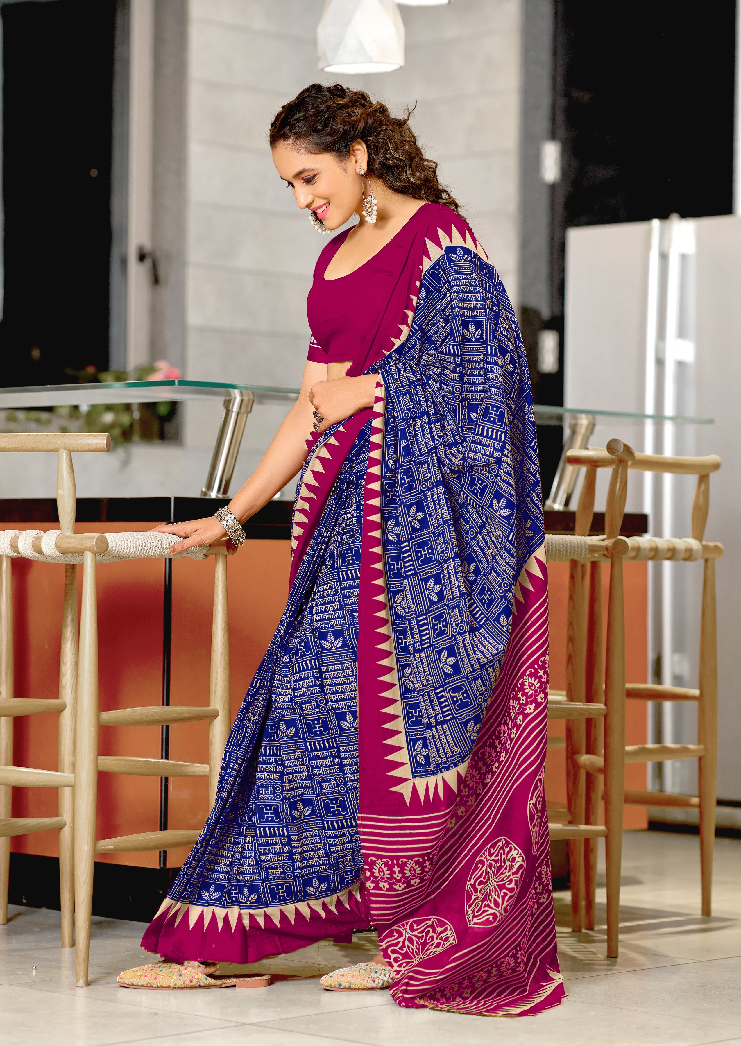 SANSKAR PURE MULMUL COTTON SANSKRIT MANTRAS BLOCK PRINTED ROYAL BLUE SAREE