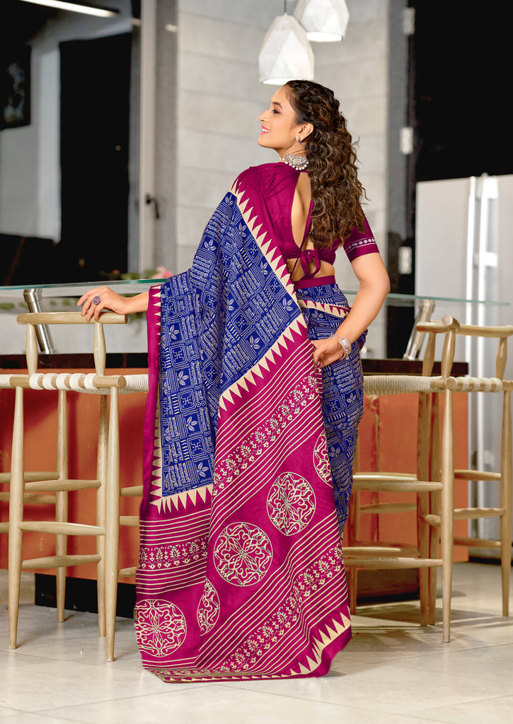 SANSKAR PURE MULMUL COTTON SANSKRIT MANTRAS BLOCK PRINTED ROYAL BLUE SAREE