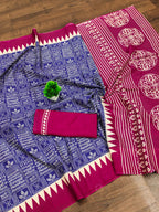 SANSKAR PURE MULMUL COTTON SANSKRIT MANTRAS BLOCK PRINTED ROYAL BLUE SAREE