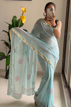 SELFI10 SOFT MASLIN COTTON WITH HEVY ZARI BODAR MINT GREEN SAREE