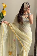 SELFI12 SOFT MASLIN COTTON WITH HEVY ZARI BODAR LIGHT YELLOW SAREE