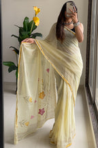 SELFI12 SOFT MASLIN COTTON WITH HEVY ZARI BODAR LIGHT YELLOW SAREE