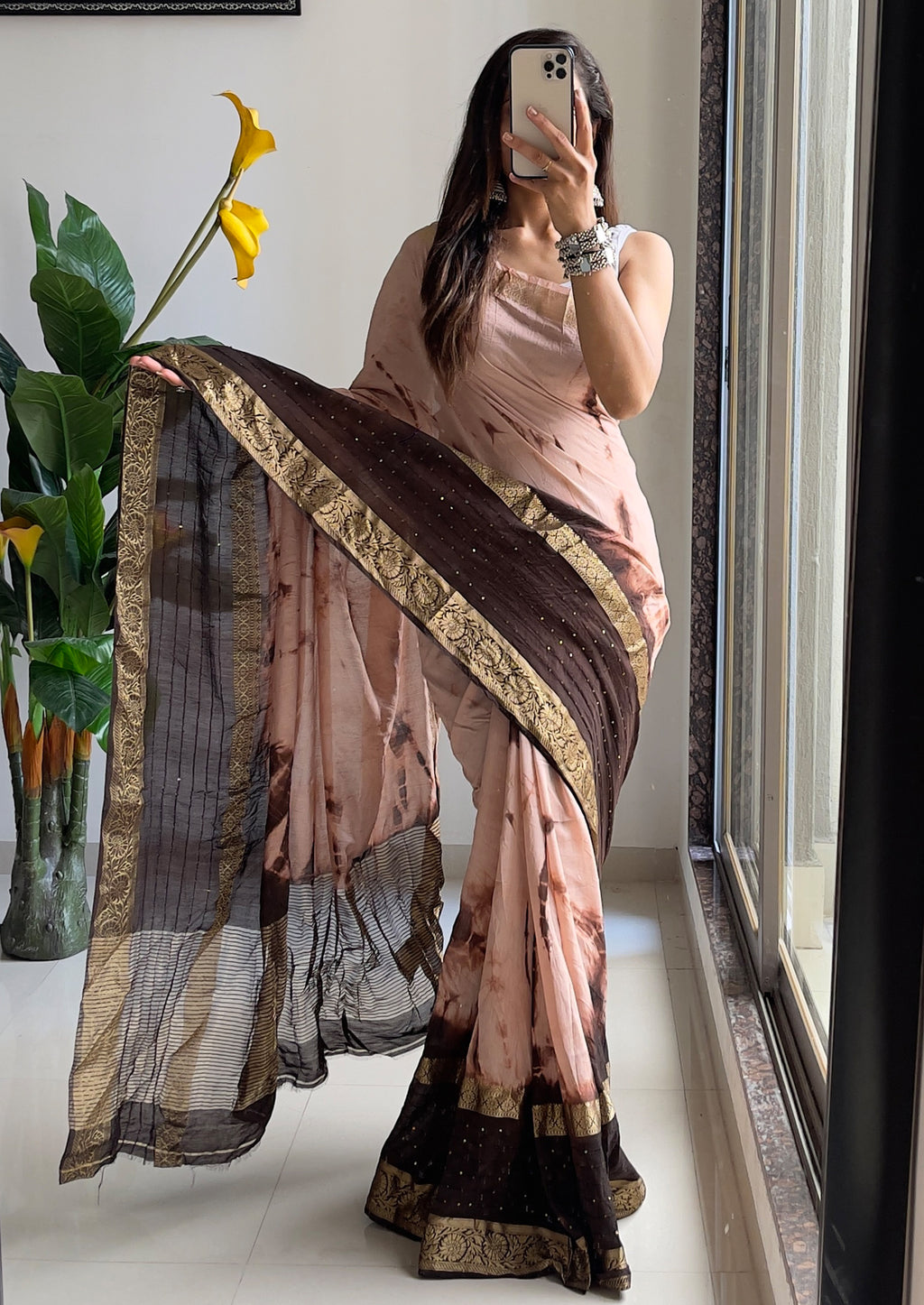 SELFI13 PRIMUM ASSAM SILK NECHRAL SOFT FANCY JACQUARD WITH SIKVANS BORDER DIMANDING WORK BEIGE SAREE